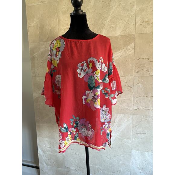 Johnny Was Passion Flower Eloise Top Small Red Embroidered Sheer Oversized Boho - Picture 3 of 15